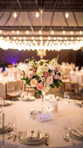 Elegant table setting with floral centerpiece under ambient lighting in a venue. Dining table set for an event