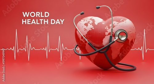 Red heart with map texture and stethoscope for health day