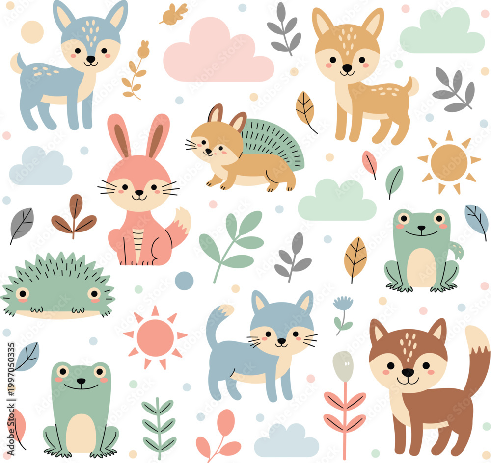 Naklejka premium Cute woodland animals set, forest creatures collection with rabbit fox frog hedgehog vector illustration design