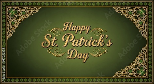 Happy st. patrick's day text with gold celtic ornaments and green shamrock border