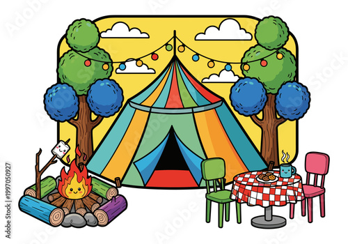 Cute cartoon campsite with a colorful tent, campfire, and picnic table