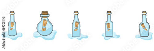 Set of Cartoon Message in a Bottle Vector Icons