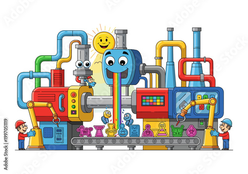 Cartoon factory producing colorful toys with a happy sun and smiling machines