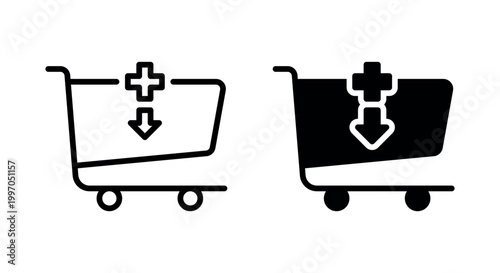 Add to cart icon with plus sign and down arrow for online shopping and e-commerce