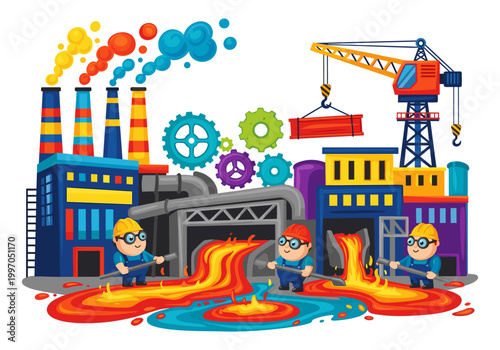 Cartoon industrial factory scene with workers handling molten metal and colorful smoke stacks