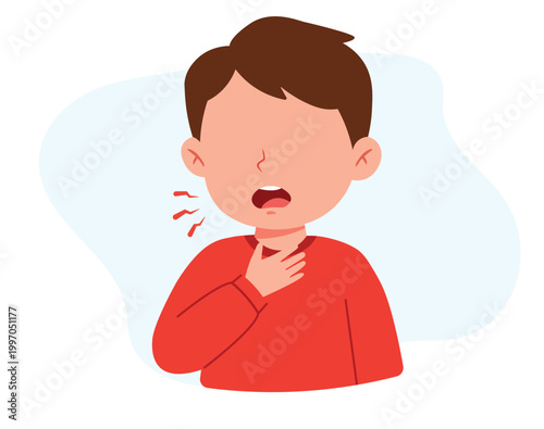 Boy Coughing Illustration. Includes Sick, Child, Cold, Flu, Sore Throat, Fever, Infection, Healthcare, and Medical. Professional Flat Vector Illustration.