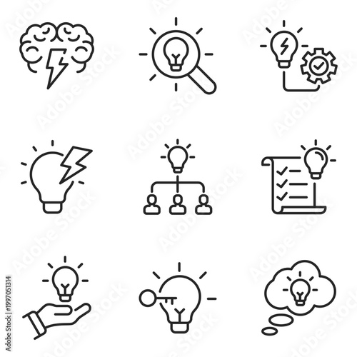 Idea development and innovation web line icons with brainstorming, problem solving, workflow, thinking process and creative strategy concepts. Editable stroke