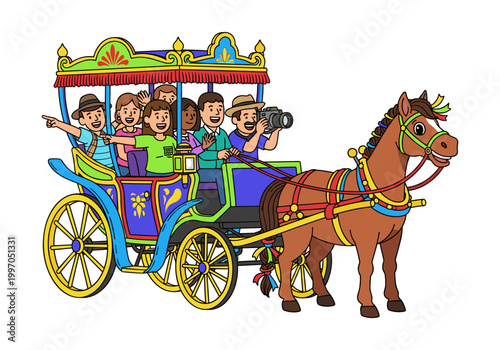 Happy cartoon family enjoys a scenic horse-drawn carriage ride together