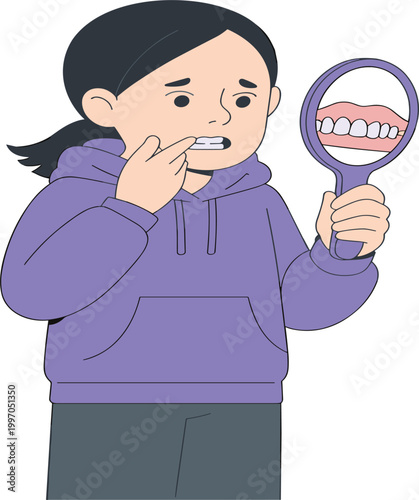 Young woman checking teeth in mirror, dental health care and orthodontic examination concept vector illustration