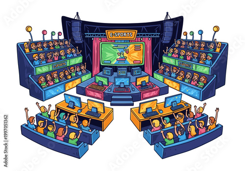 Excited crowd watches professional gamers compete in a vibrant esports arena