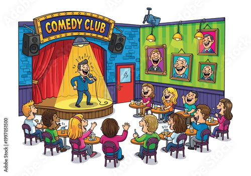 Cartoon comedian performing on stage to a laughing audience in a comedy club