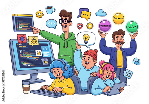 Diverse team of developers collaborating on software projects with coding and debugging elements