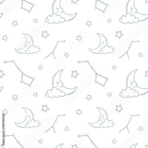 Kids seamless pattern featuring a sleeping crescent moon on a cloud and star constellations. Gentle night sky background for nursery textiles, pajamas, and wallpaper.