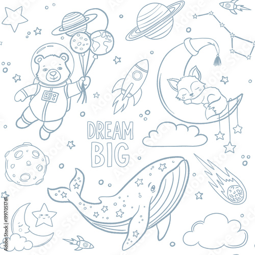 Nursery space illustration with astronaut bear, cosmic whale, and sleeping fox on the moon. Hand-drawn celestial elements and Dream Big lettering for kids posters and prints.