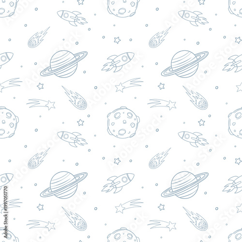 Seamless pattern with space rockets, ringed planets, and flying comets. Minimalist celestial background for children's textile, wallpaper, and wrapping paper design.