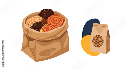 Large paper bag filled with various swirled pastries next to a smaller sealed bag of cookies on an abstract background.
