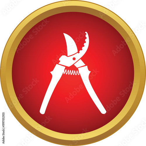 White secateurs symbolizing gardening and agricultural work within a red and gold interface element