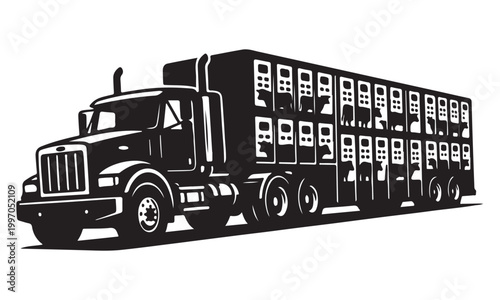 Livestock truck silhouette, cattle transport truck, agricultural transport, vector isolated on white