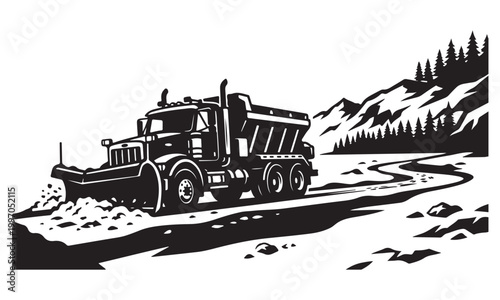 Snow plow truck silhouette, winter service truck, road maintenance, vector isolated on white