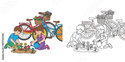 Kids Gardening and Planting Flowers with Bicycles - Cute Cartoon Vector Illustration