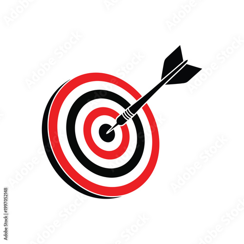 Bullseye a black dart perfectly hits the center of a colorful target board