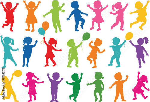 Colorful kids silhouettes set, happy children playing and jumping collection, playful vector illustration design