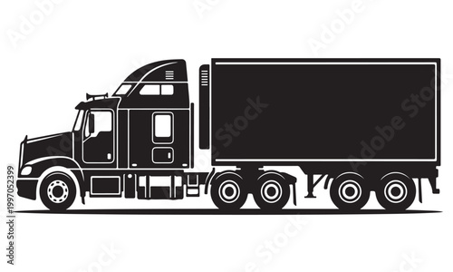 Semi truck silhouette, tractor trailer truck, highway transport, vector isolated on white