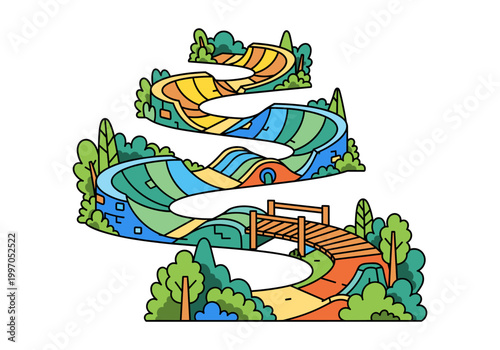 Colorful abstract winding water slide with lush green trees and a wooden bridge