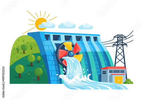 Hydroelectric power plant generating clean energy from flowing water and sun