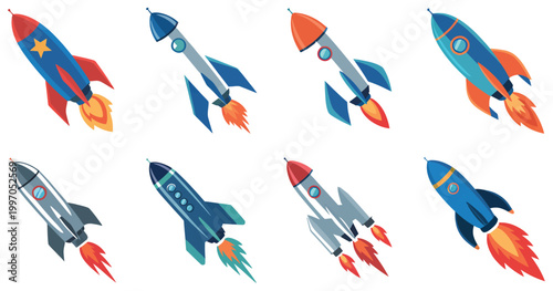 Rocket launch icon set vector collection, startup business growth concept, spaceship takeoff and blast off outline symbols for technology innovation, mission success, app UI and web design branding.