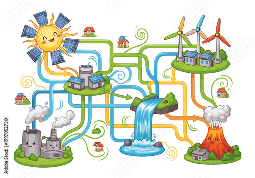 Cartoon illustration of renewable and non-renewable energy sources powering homes