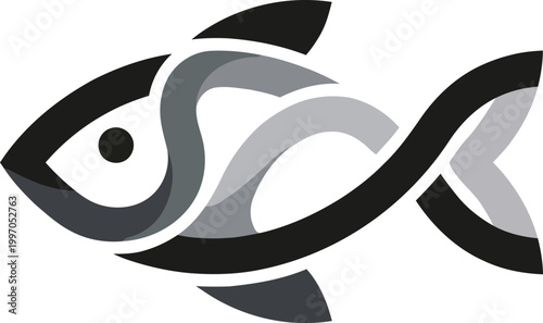 Minimalist fish logo design, abstract aquatic animal icon with grey gradients, modern fishing or seafood brand identity vector.