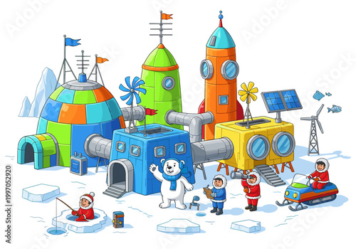 Arctic research station with polar bear and scientists exploring the polar region