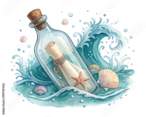 Watercolor Message in Bottle Icon, Ocean Theme Clipart, vector illustration 