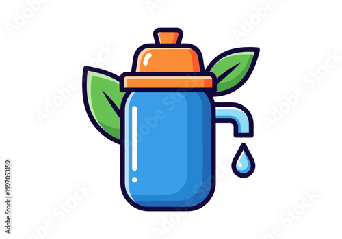 Stylized illustration of a blue water dispenser with green leaves and a dripping tap