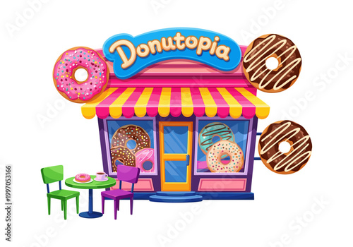 Charming donut shop exterior with colorful awning and large donut decorations