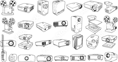 Obraz na płótnie Set of Projector Line Art Illustrations: Vintage Film Projectors, Modern Digital Video  Data Projectors, and Overhead Projectors, Hand-Drawn Sketch Collection