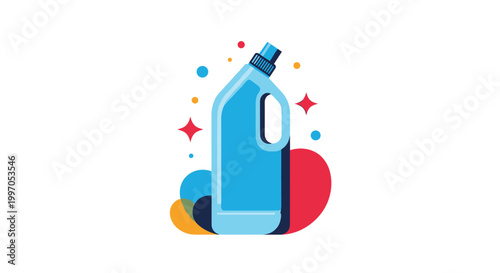 Blue plastic bottle of cleaning detergent or bleach is surrounded by bubbles and sparkles on a colorful abstract background for housework concepts.