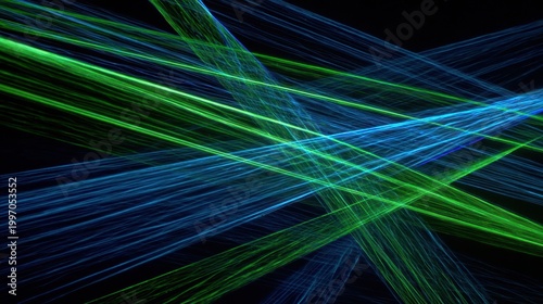 Abstract Light Streaks of Blue and Green Intersecting on a Dark Background Creating a Dynamic and Energetic Visual Effect