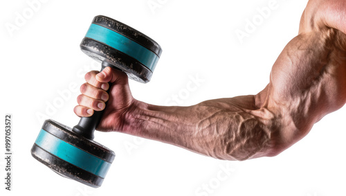 Фотография Muscular arm holding blue and black dumbbell for strength training
