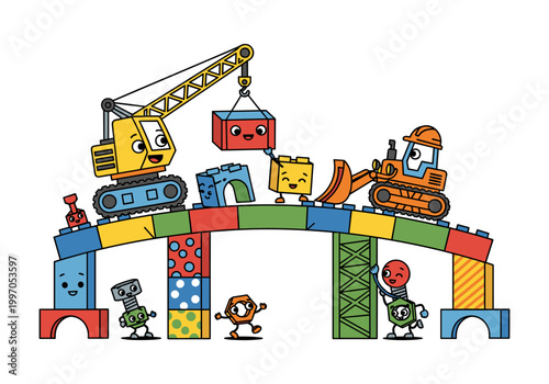 Cute cartoon construction vehicles and building blocks creating a bridge together