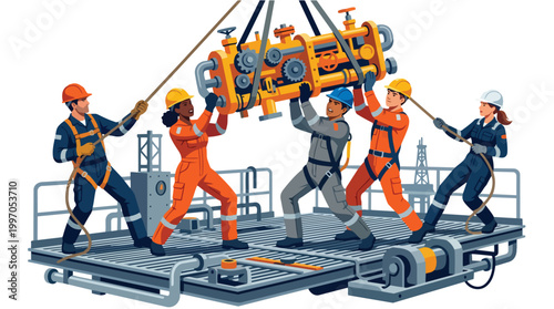 Teamwork in Oil Industry Illustration Diverse Workers Collaborating on Heavy Machinery Maintenance Platform