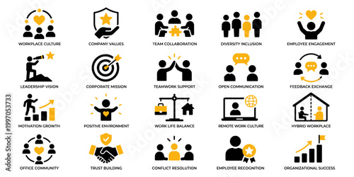 Black and yellow workplace culture icon set with teamwork, values and employee engagement symbols, Concept of company culture, collaboration and organizational environment