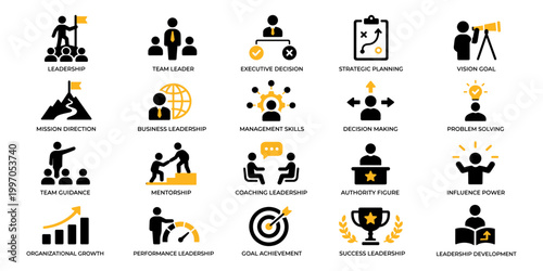 Black and yellow leadership icon set with management, decision making and team guidance symbols, Concept of leadership skills, authority and organizational success