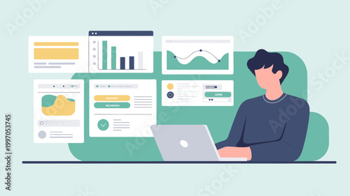 Man analyzing business dashboard on laptop with data charts and performance metrics