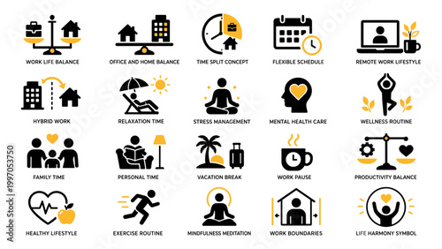 Black and yellow work life balance icon set with career, wellness and lifestyle symbols, Concept of productivity, wellbeing and personal life harmony