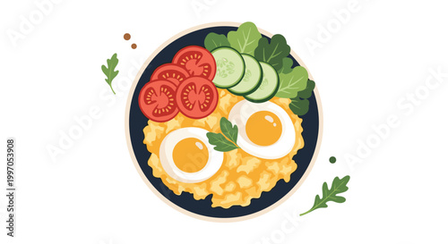 Top view illustration of a healthy breakfast bowl containing scrambled eggs, two fried eggs, fresh tomato slices, and cucumber.