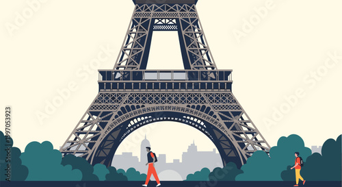 Architectural view of the iconic Eiffel Tower base in Paris with silhouettes of people walking among green trees in the foreground.