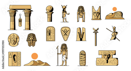 Comprehensive set of ancient Egyptian symbols and icons including pharaoh masks, pyramids, gods, hieroglyphs, and historic artifacts.