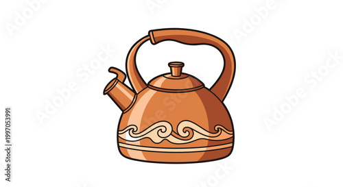 Traditional copper tea kettle with a classic metallic finish and decorative wavy line patterns on its rounded base on a white background.
